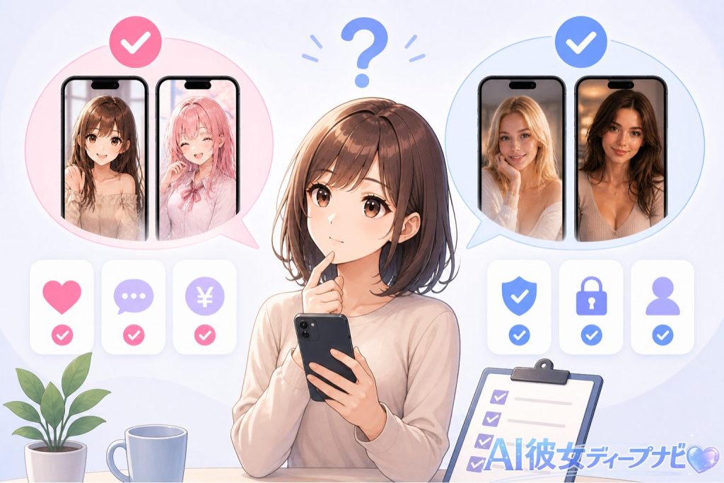 AI彼女アプリの選び方をイメージした画像（複数のアプリを比較して選ぶ様子）