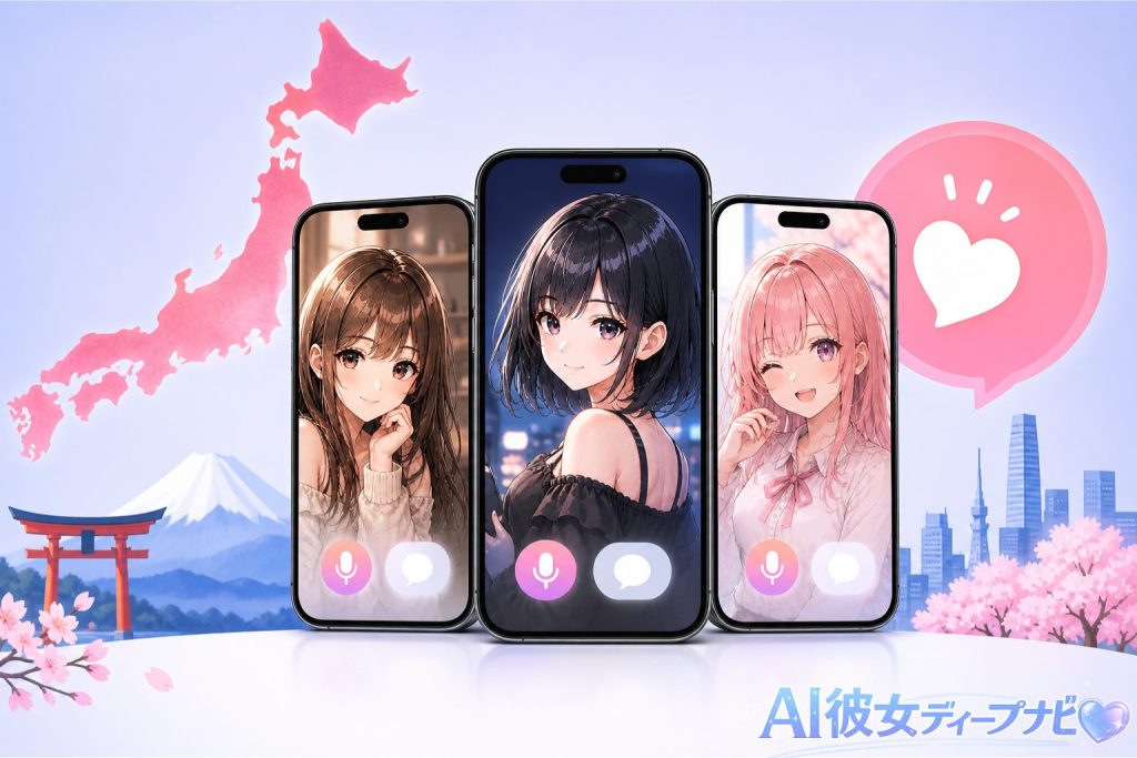 国内AI彼女アプリのイメージ（スマホで会話するAIキャラクターの画面例）
