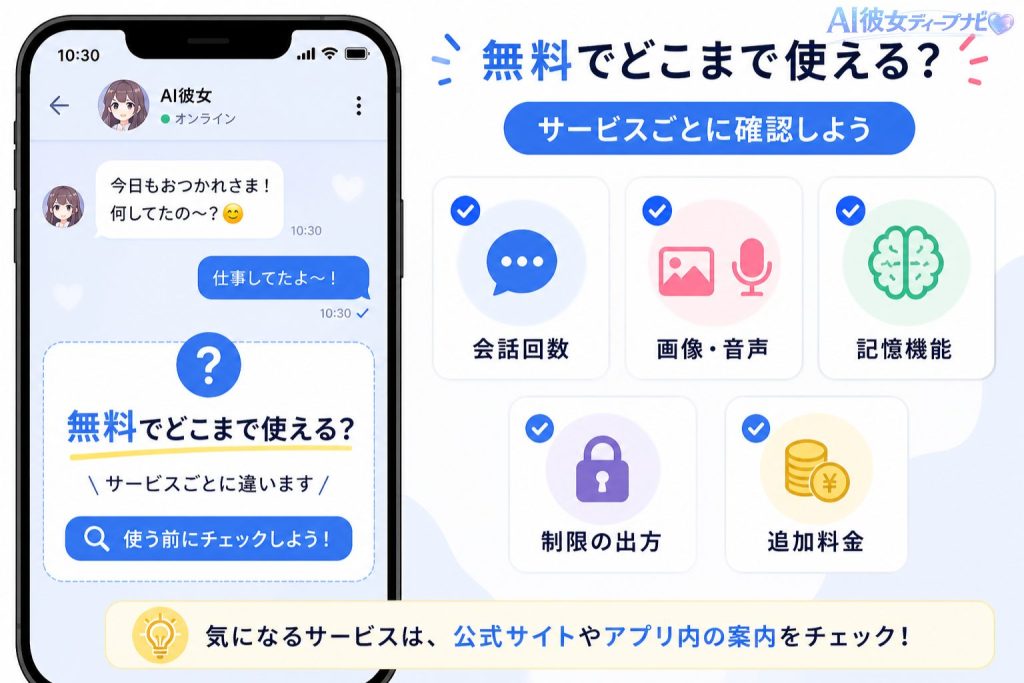 AI彼女アプリの無料範囲はサービスごとに違うため確認ポイントを示したイメージ