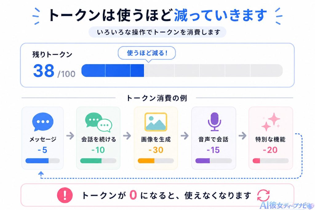 AI彼女アプリのトークンが減っていく仕組みと残量を示したイメージ
