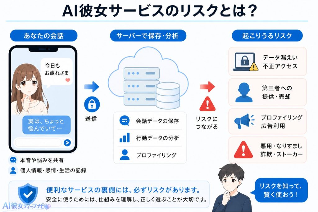 AI彼女サービスのリスクと注意点を解説するイメージ画像